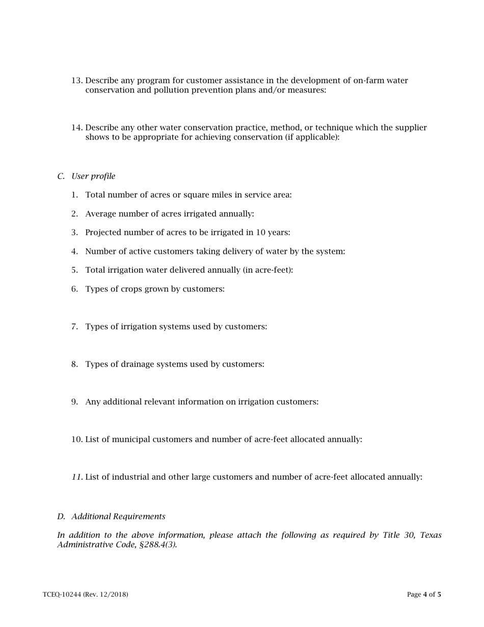 Form 10244 System Inventory and Water Conservation Plan for Agricultural Water Suppliers Providing Water to More Than One User - Texas, Page 4