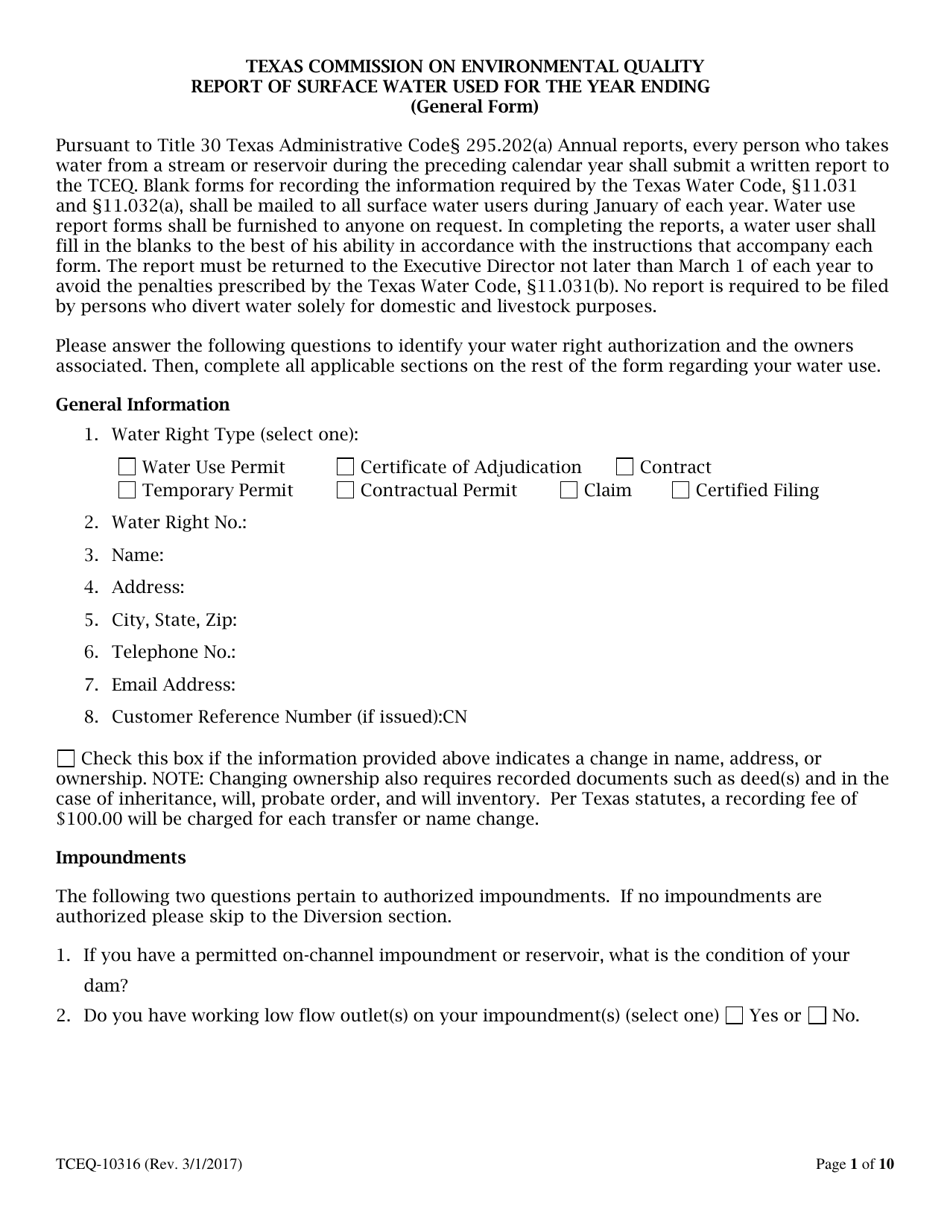 Form 10316 Annual Report of Surface Water Used - Texas, Page 1