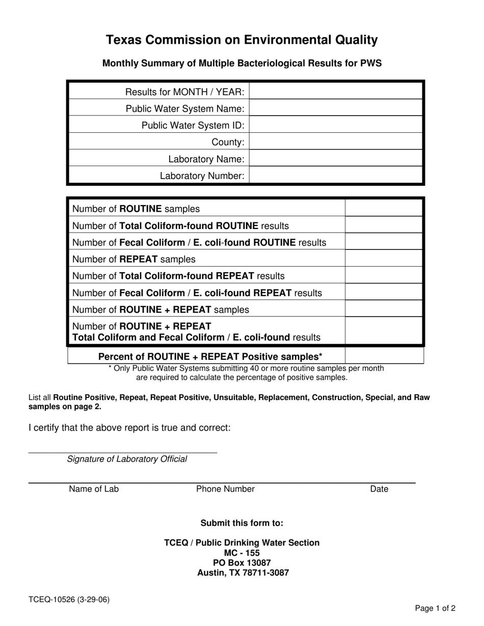 Form 10526 Monthly Summary of Multiple Bacteriological Results for Pws - Texas, Page 1