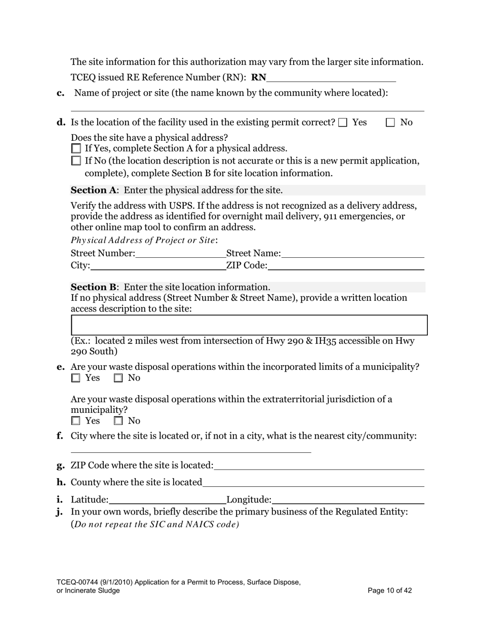 Form 00744 Application for Permit to Process, Surface Dispose, or Incinerate Sludge - Texas, Page 10