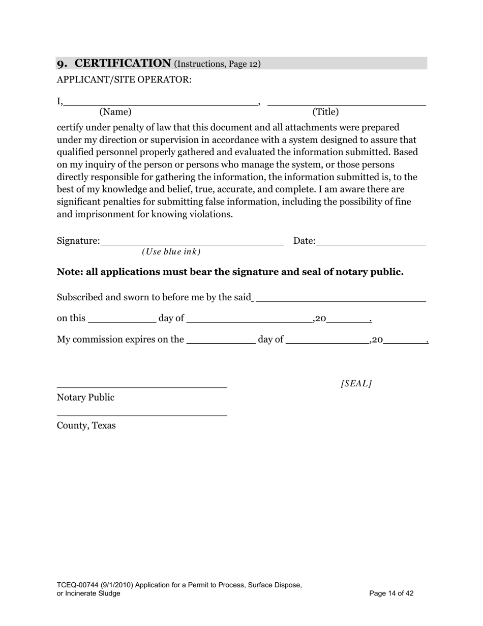 Form 00744 Application for Permit to Process, Surface Dispose, or Incinerate Sludge - Texas, Page 14