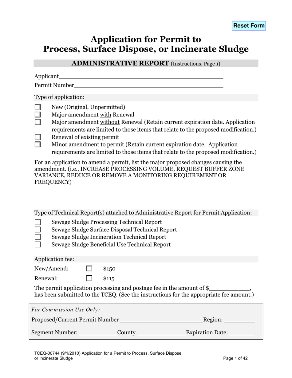 Form 00744 Application for Permit to Process, Surface Dispose, or Incinerate Sludge - Texas, Page 1