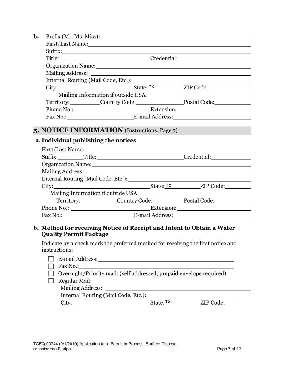 Form 00744 Application for Permit to Process, Surface Dispose, or Incinerate Sludge - Texas, Page 7