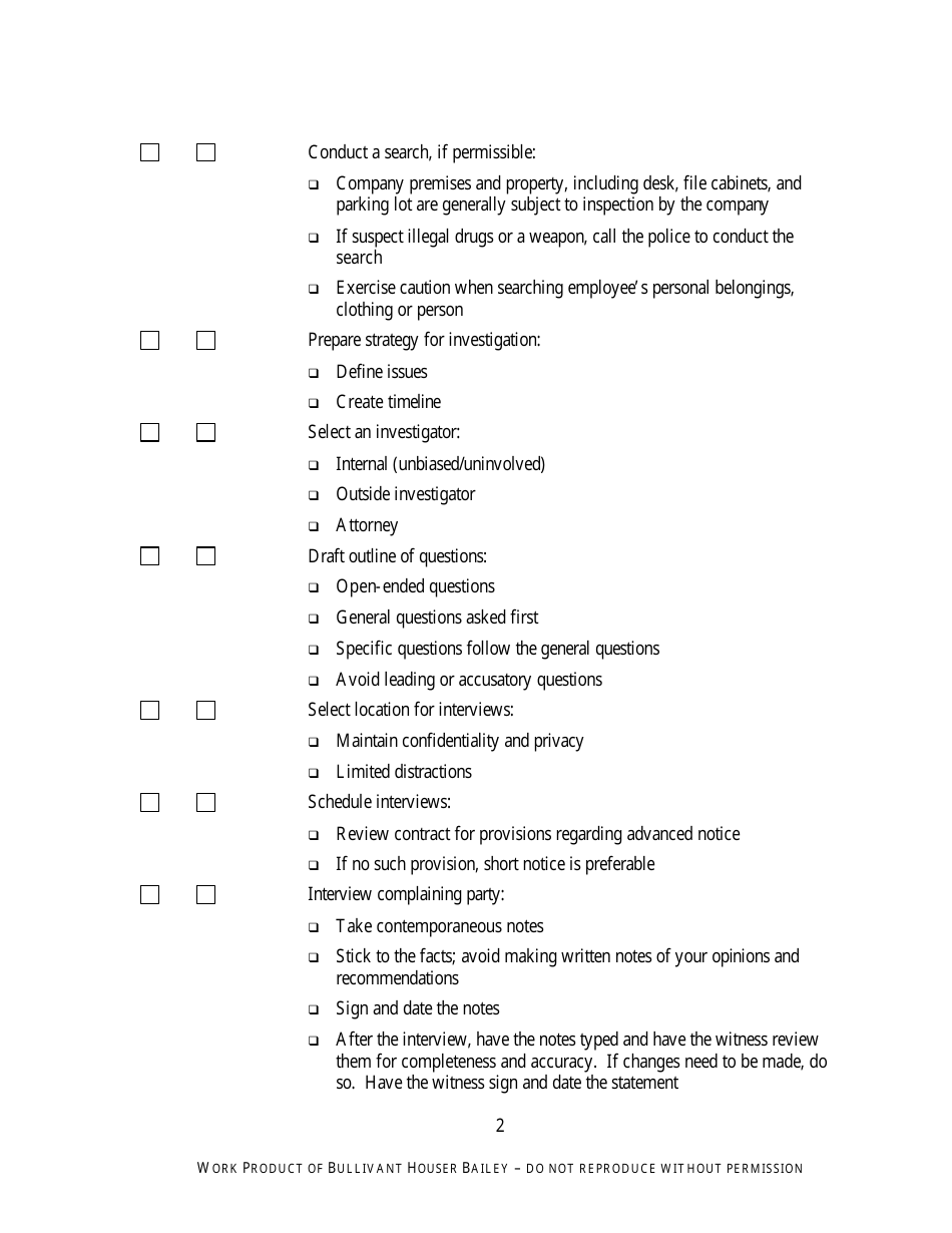 Conducting Internal Investigation Checklist Template - Bullivant Houser Bailey, Page 2