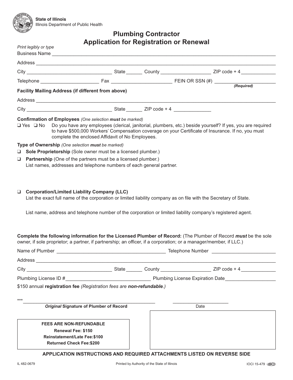 Form IL482-0679 Plumbing Contractor - Application for Registration or Renewal - Illinois, Page 1