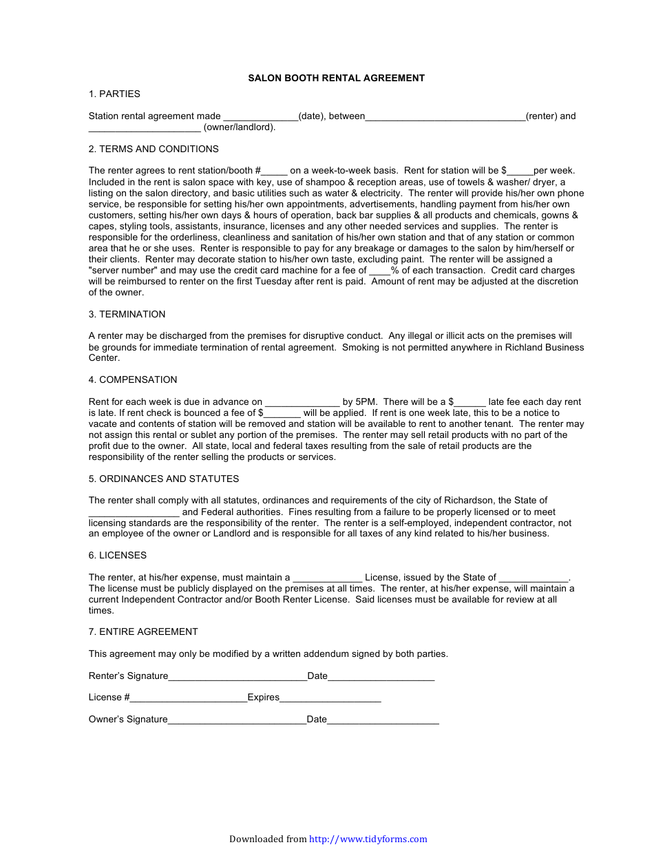 Salon Booth Rental Agreement Template, Page 1