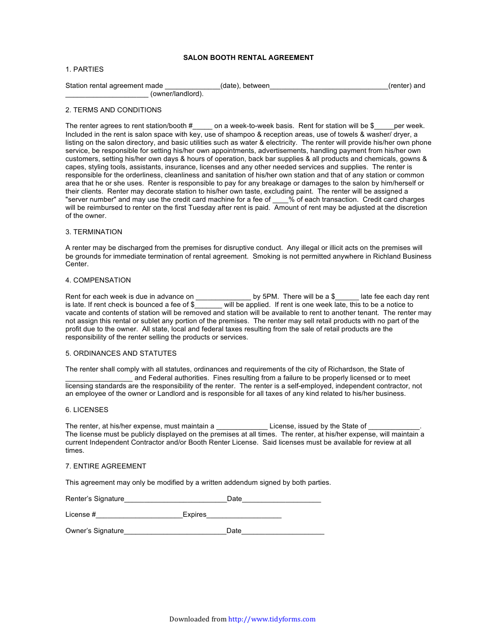 salon booth rental agreement template download printable