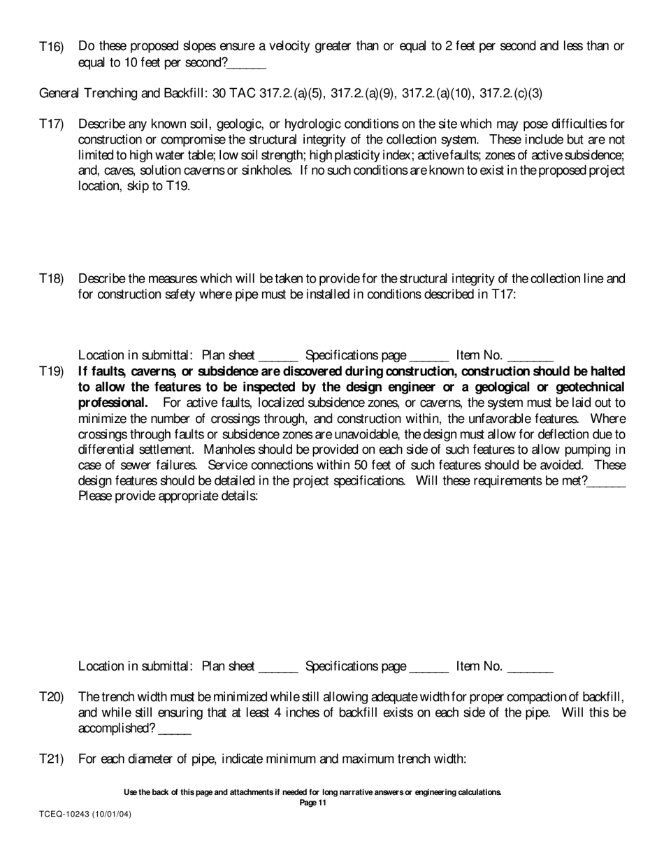 Form 10243 Sewage Collection System Submittal Application for Plans and Specifications Review - Texas, Page 11