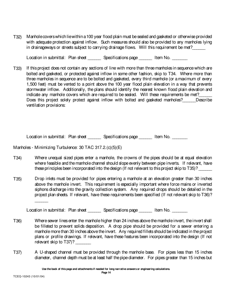 Form 10243 Sewage Collection System Submittal Application for Plans and Specifications Review - Texas, Page 14