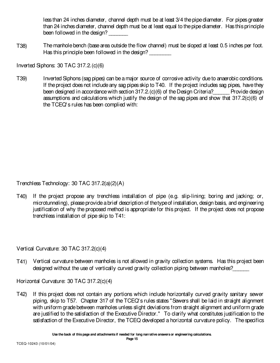 Form 10243 Sewage Collection System Submittal Application for Plans and Specifications Review - Texas, Page 15