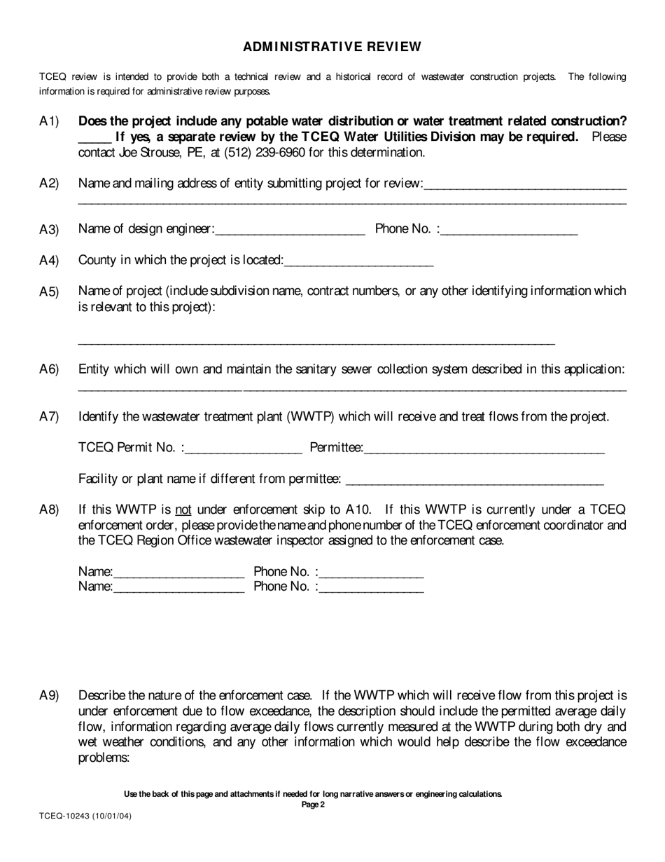 Form 10243 Sewage Collection System Submittal Application for Plans and Specifications Review - Texas, Page 2