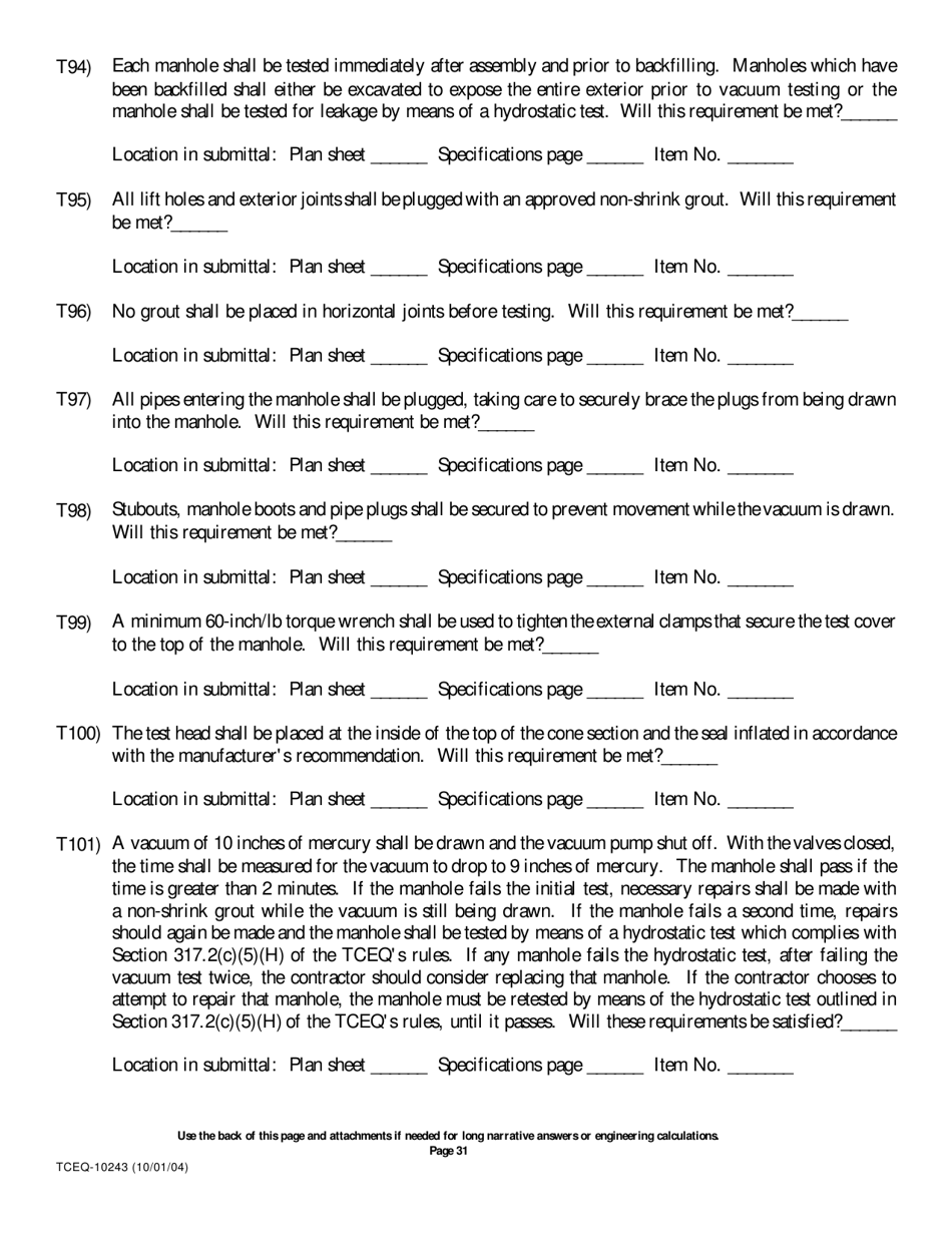 Form 10243 Sewage Collection System Submittal Application for Plans and Specifications Review - Texas, Page 31