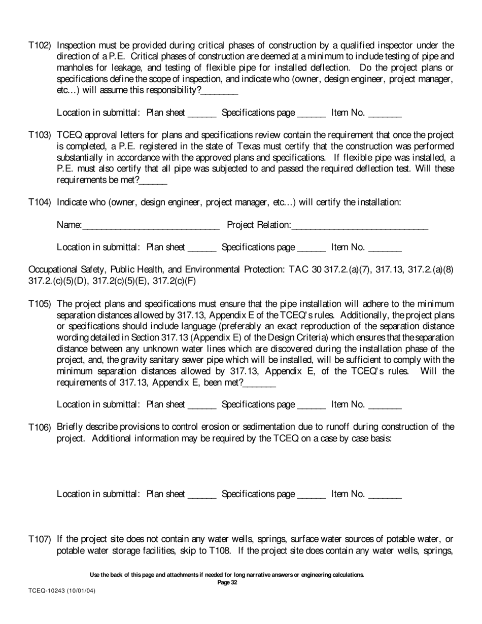 Form 10243 Sewage Collection System Submittal Application for Plans and Specifications Review - Texas, Page 32