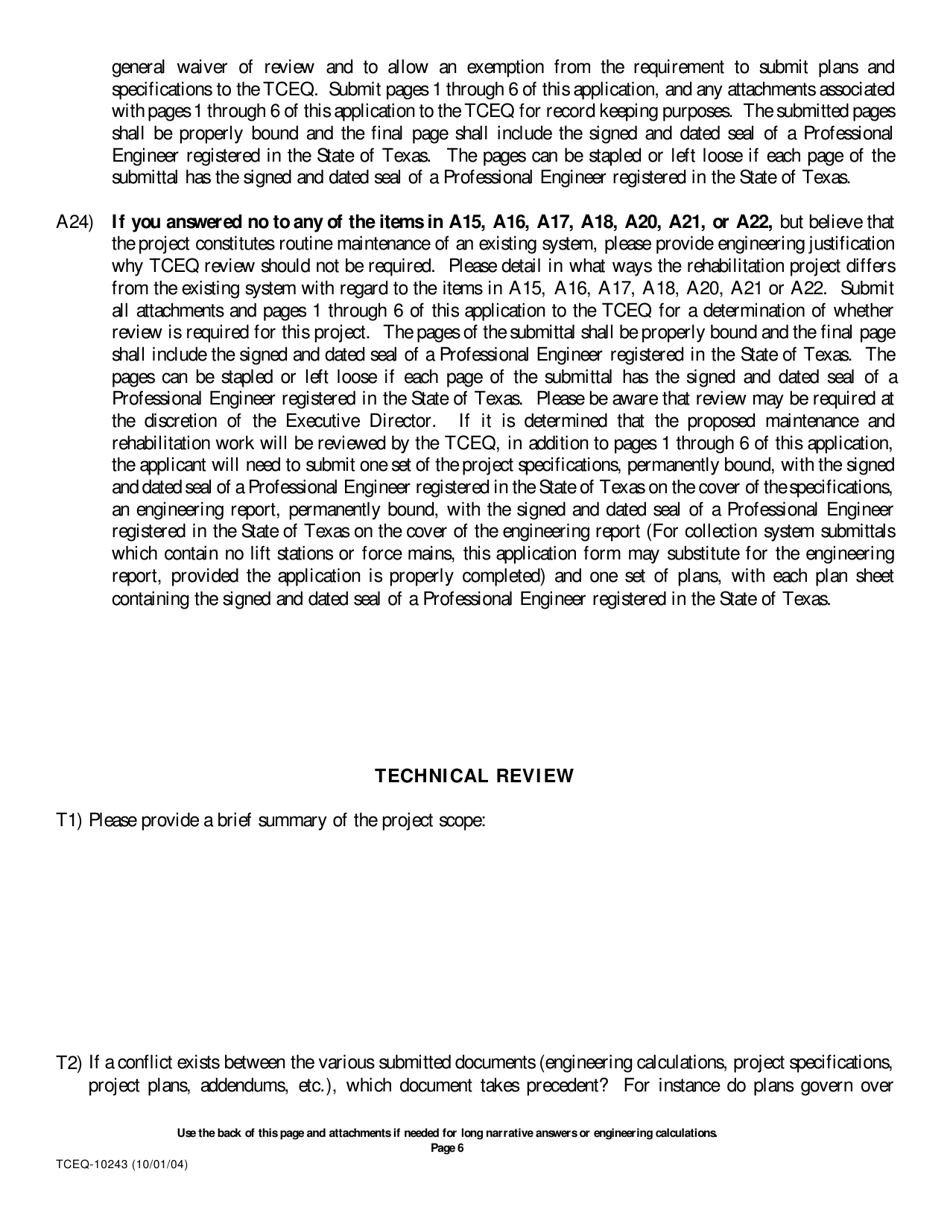 Form 10243 Sewage Collection System Submittal Application for Plans and Specifications Review - Texas, Page 6