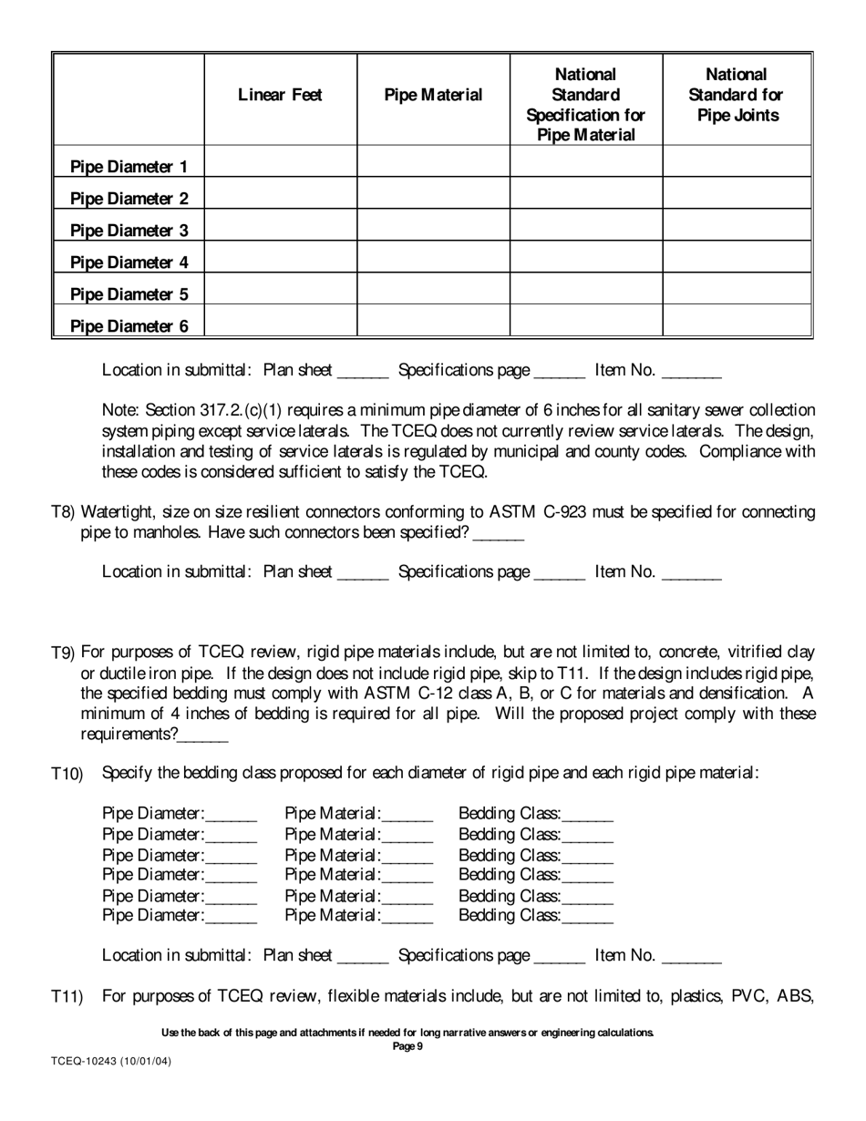 Form 10243 Sewage Collection System Submittal Application for Plans and Specifications Review - Texas, Page 9