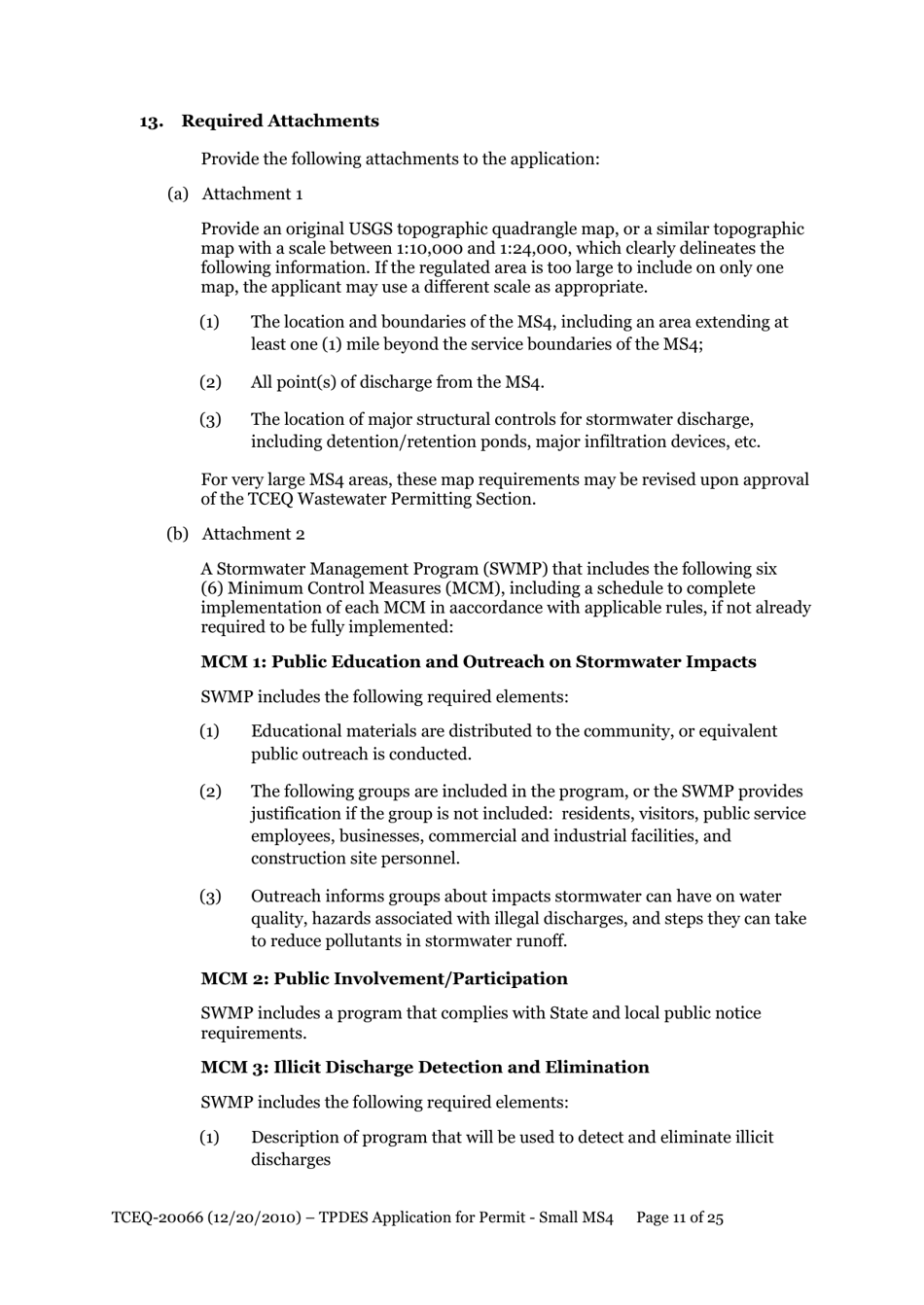 Form TCEQ-20066 Application for Permit to Discharge From a Small Municipal Separate Storm Sewer System (Ms4) Into Surface Water in the State - Texas, Page 11