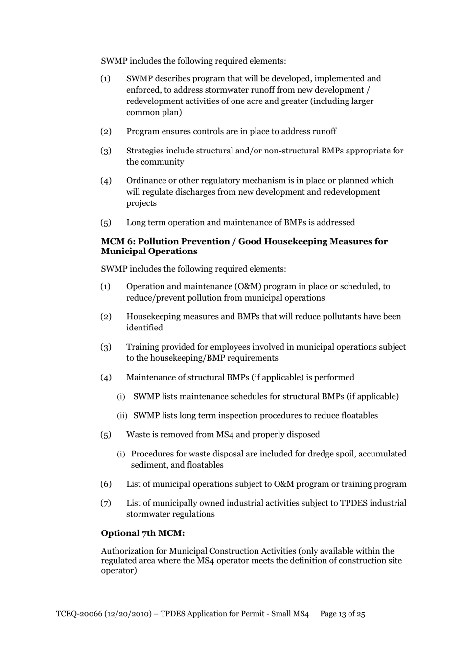Form TCEQ-20066 Application for Permit to Discharge From a Small Municipal Separate Storm Sewer System (Ms4) Into Surface Water in the State - Texas, Page 13