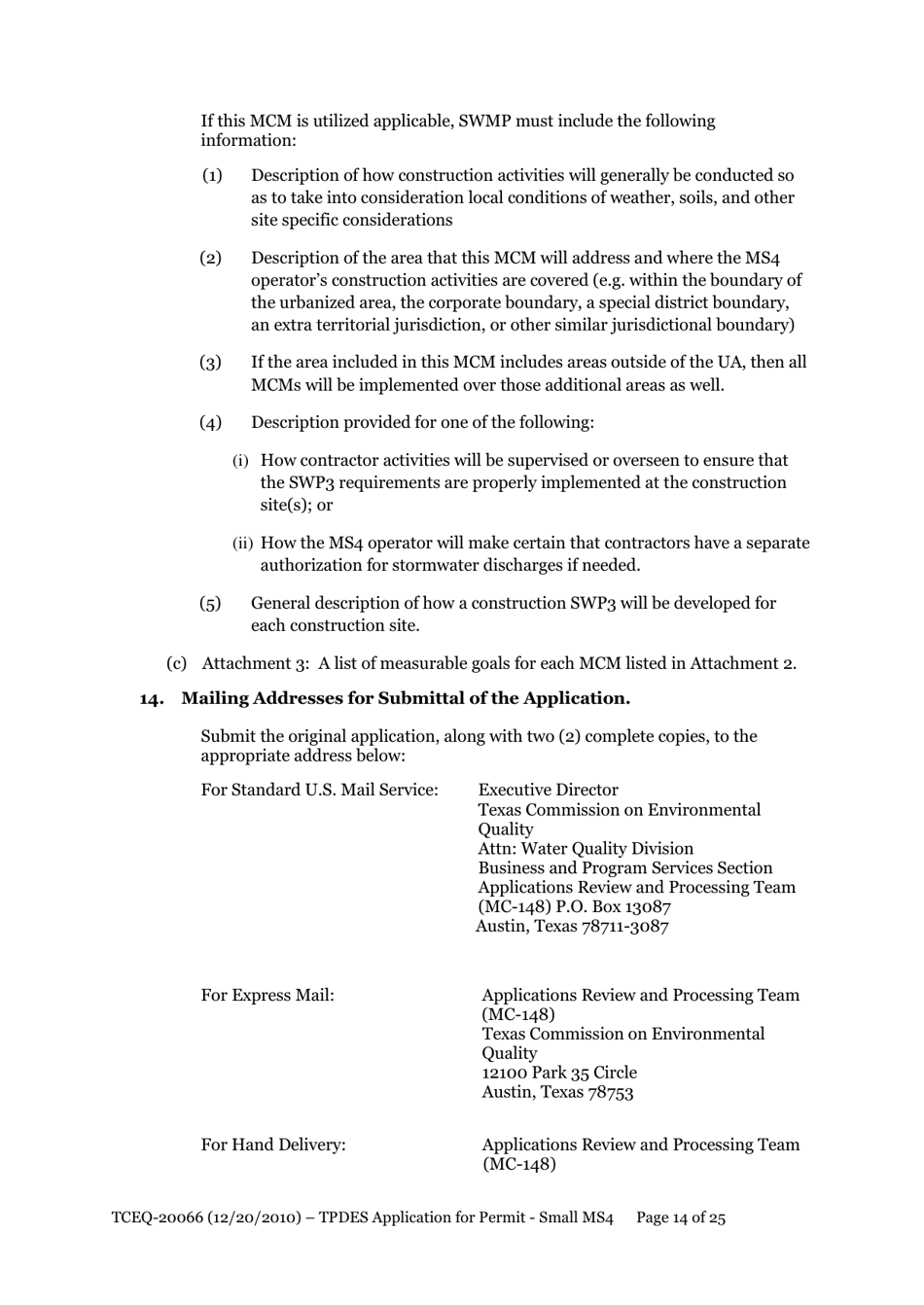 Form TCEQ-20066 Application for Permit to Discharge From a Small Municipal Separate Storm Sewer System (Ms4) Into Surface Water in the State - Texas, Page 14