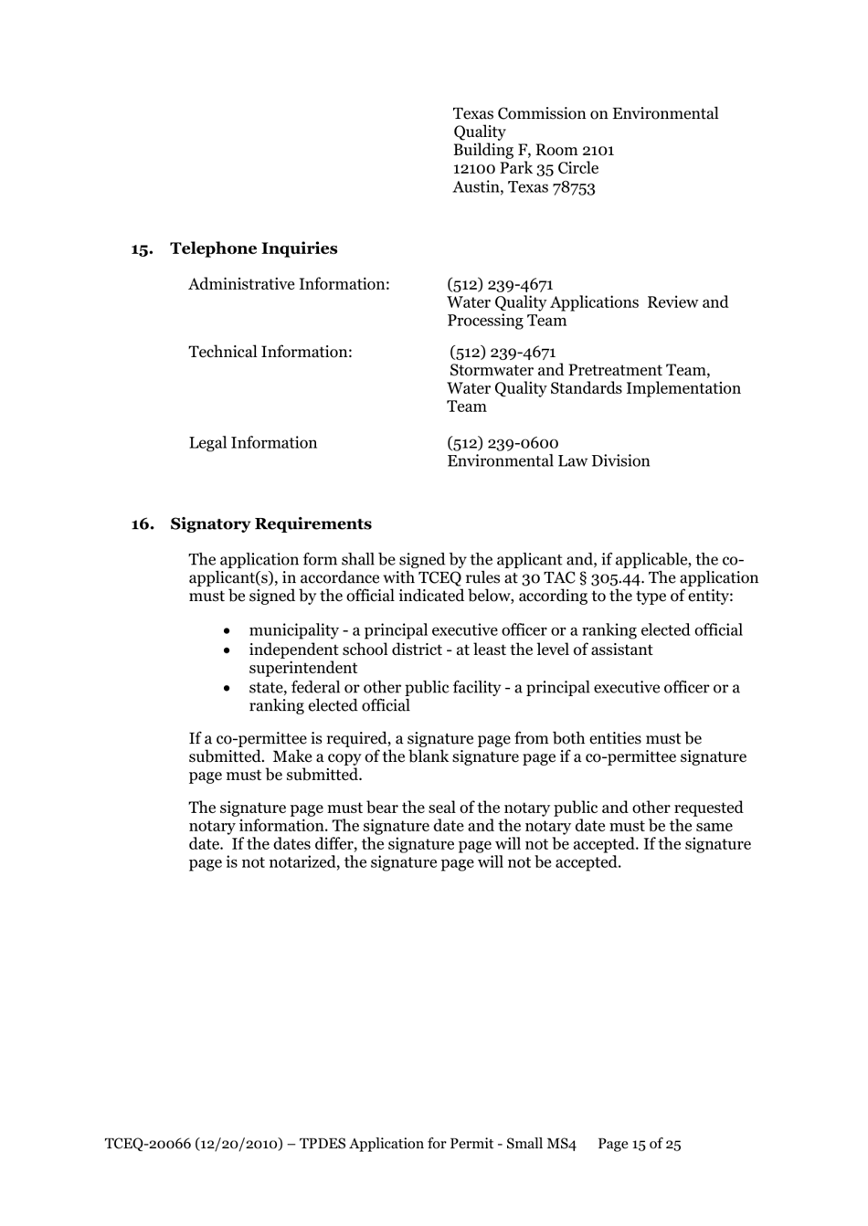 Form TCEQ-20066 Application for Permit to Discharge From a Small Municipal Separate Storm Sewer System (Ms4) Into Surface Water in the State - Texas, Page 15