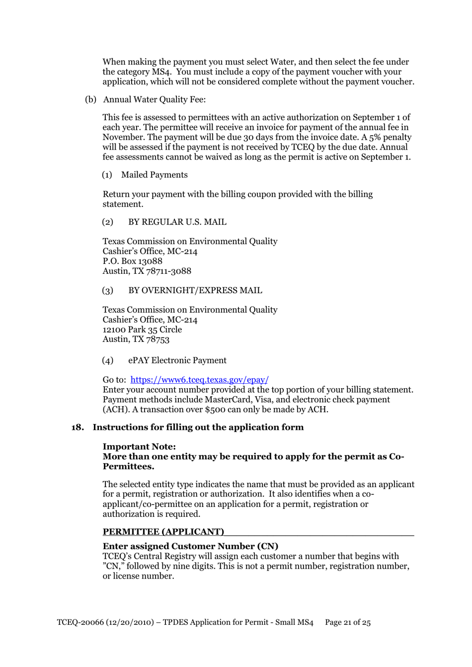 Form TCEQ-20066 Application for Permit to Discharge From a Small Municipal Separate Storm Sewer System (Ms4) Into Surface Water in the State - Texas, Page 21