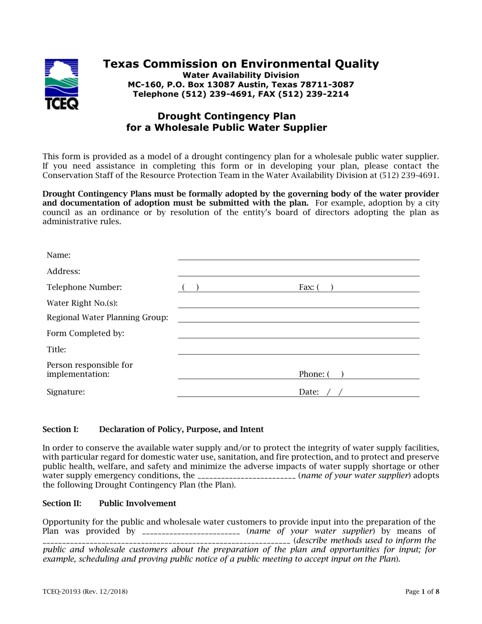 Form 20193 Drought Contingency Plan for a Wholesale Public Water Supplier - Texas, Page 1