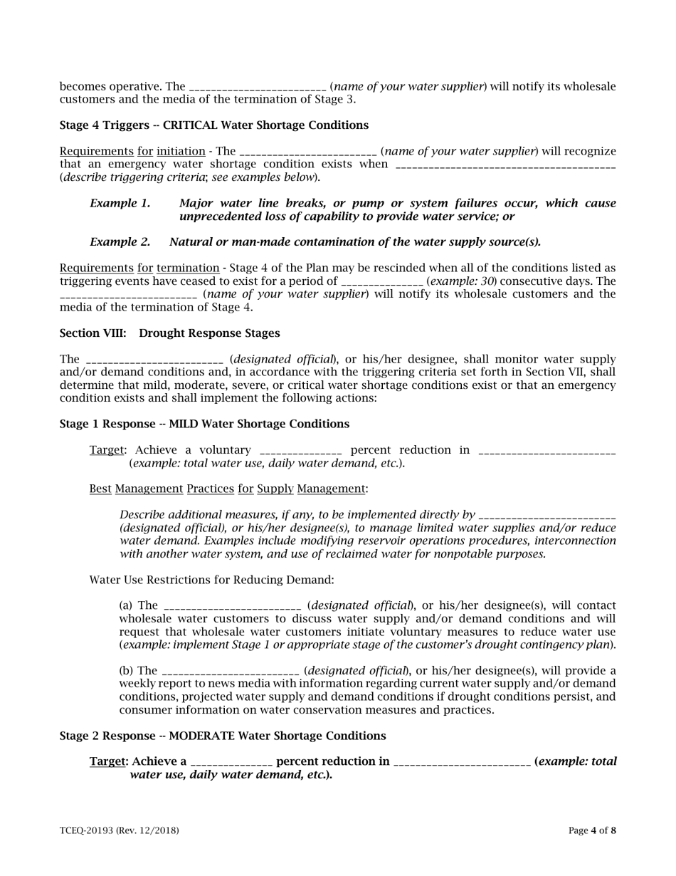 Form 20193 Drought Contingency Plan for a Wholesale Public Water Supplier - Texas, Page 4