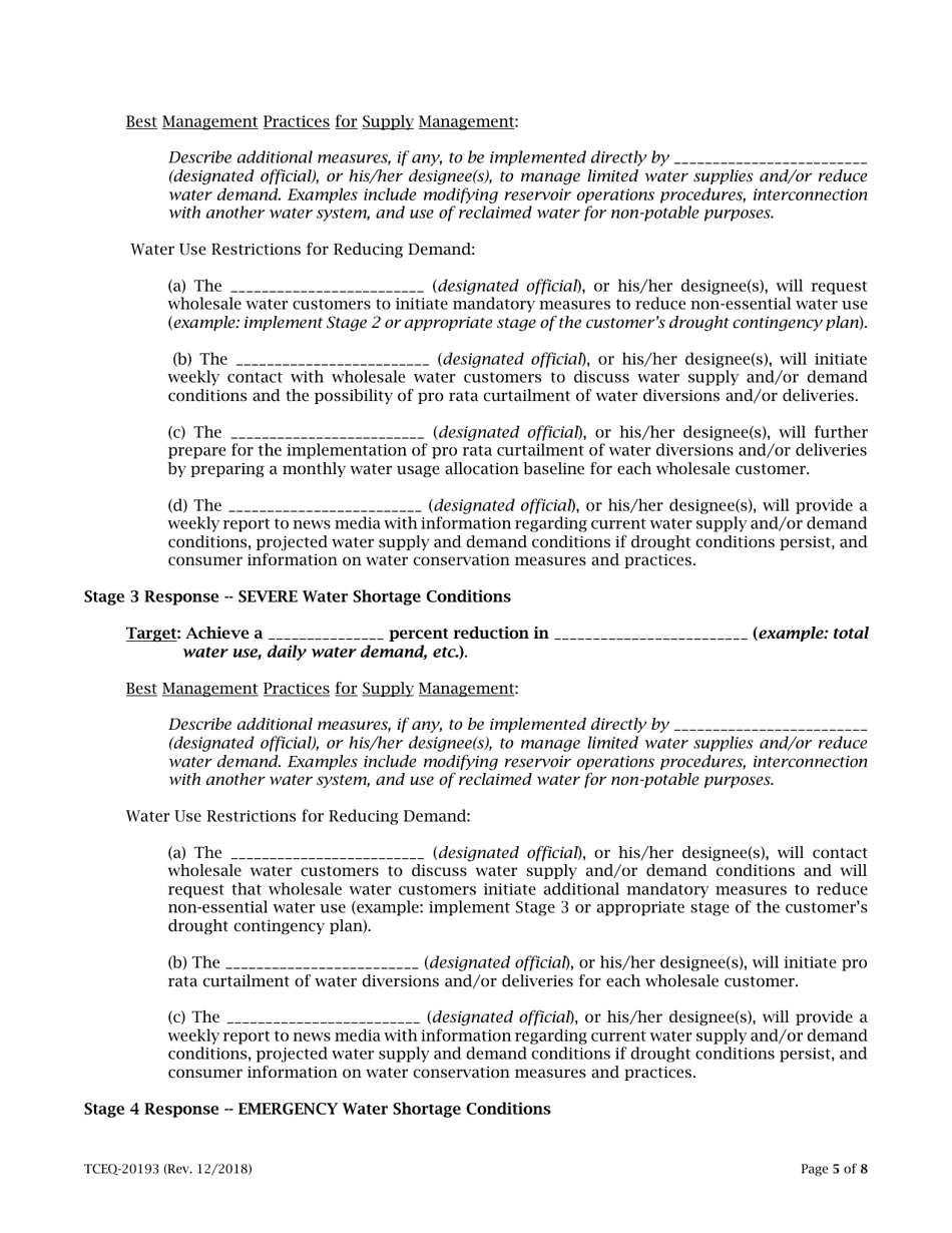 Form 20193 Drought Contingency Plan for a Wholesale Public Water Supplier - Texas, Page 5