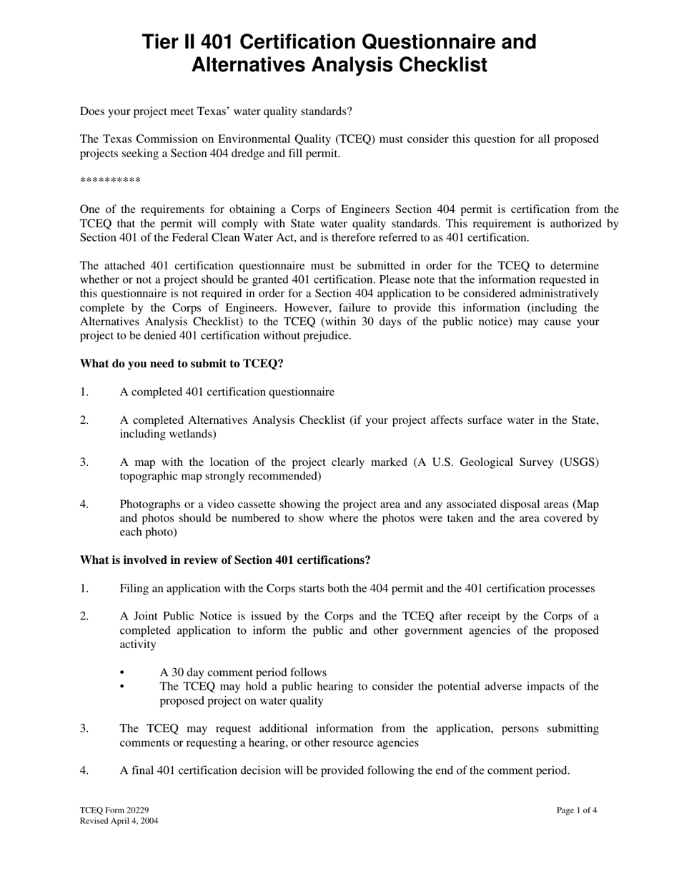 Form 20229 Tier II 401 Certification Questionnaire and Alternatives Analysis Checklist - Texas, Page 1