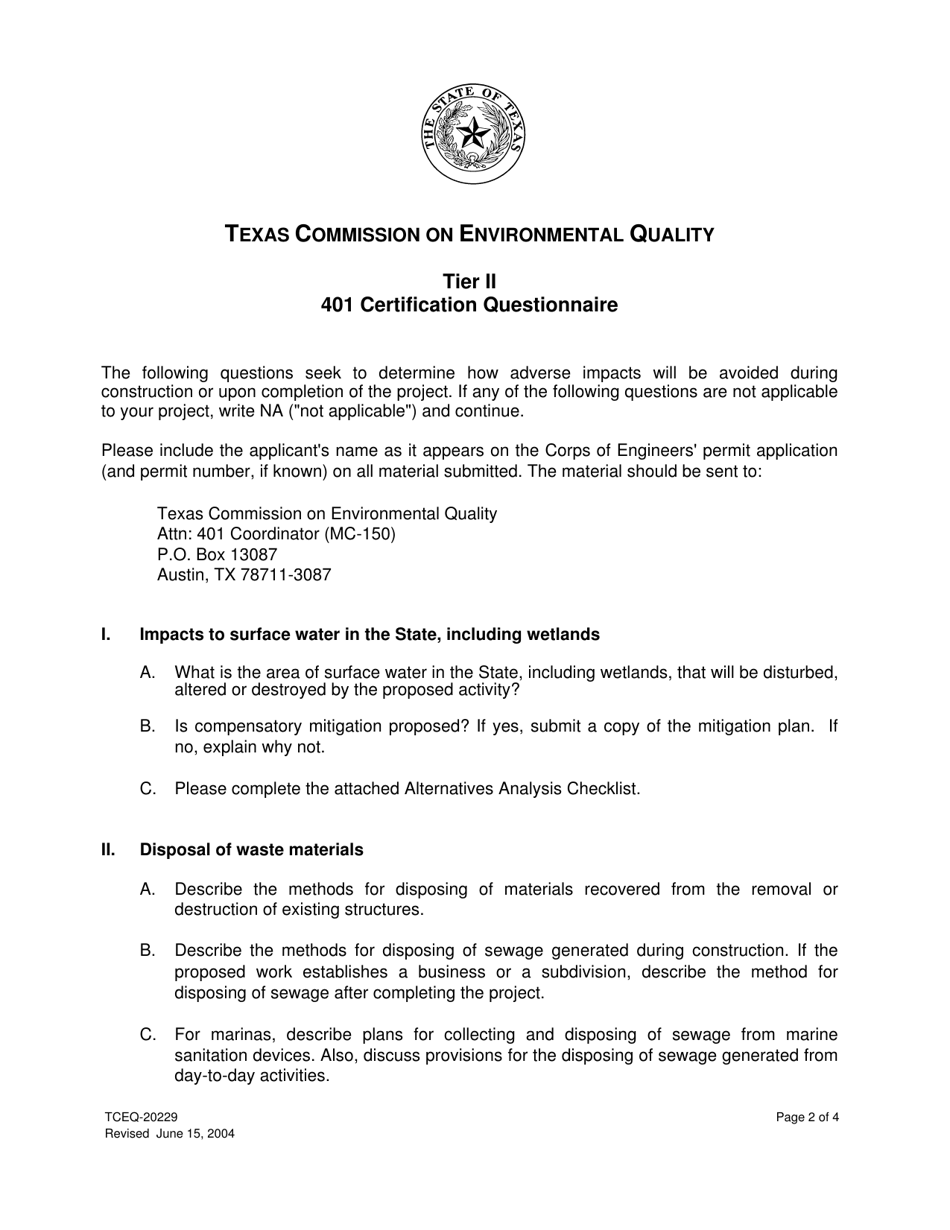 Form 20229 Tier II 401 Certification Questionnaire and Alternatives Analysis Checklist - Texas, Page 2