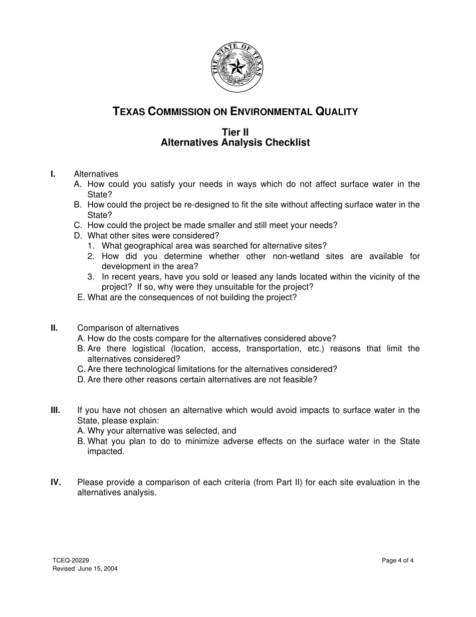 Form 20229 Tier II 401 Certification Questionnaire and Alternatives Analysis Checklist - Texas, Page 4