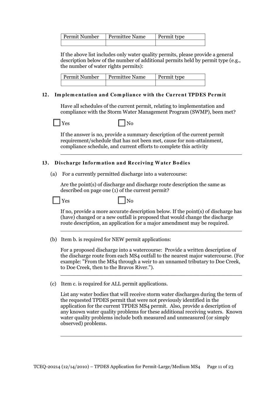 Form 20214 Application for Permit to Discharge From a Large Municipal Separate Storm Sewer System (Ms4) Into Surface Water in the State - Texas, Page 11