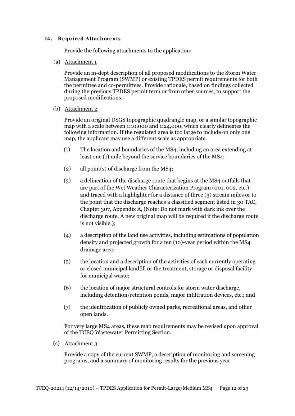 Form 20214 Application for Permit to Discharge From a Large Municipal Separate Storm Sewer System (Ms4) Into Surface Water in the State - Texas, Page 12