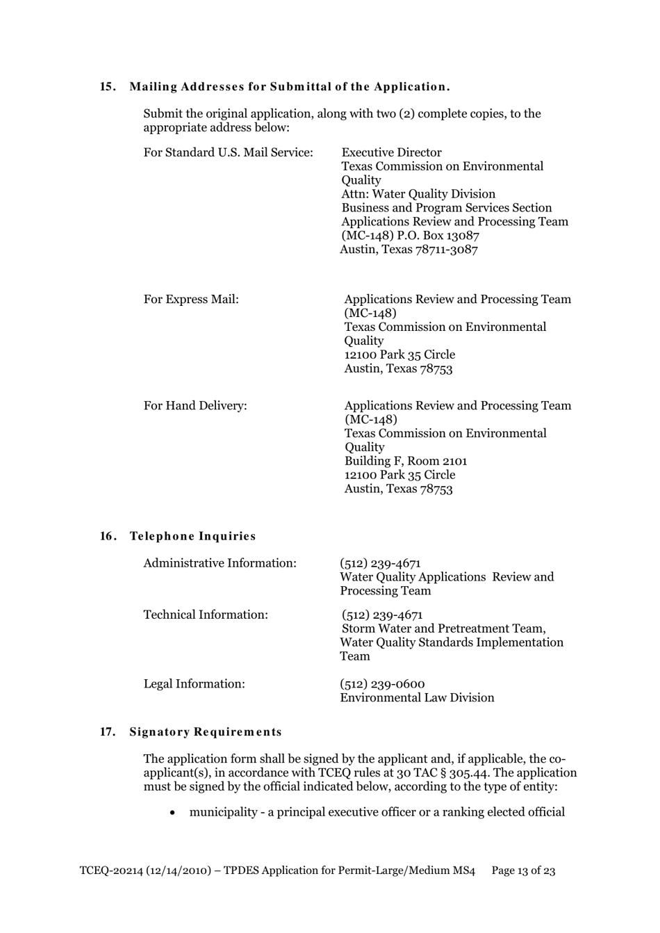 Form 20214 Application for Permit to Discharge From a Large Municipal Separate Storm Sewer System (Ms4) Into Surface Water in the State - Texas, Page 13