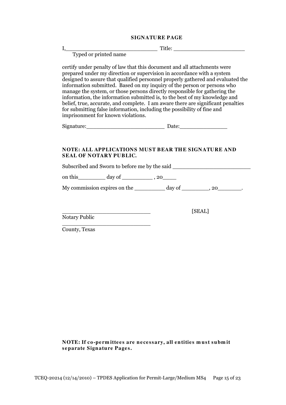 Form 20214 Application for Permit to Discharge From a Large Municipal Separate Storm Sewer System (Ms4) Into Surface Water in the State - Texas, Page 15