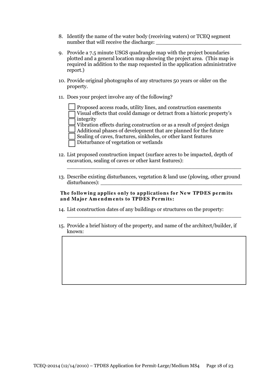 Form 20214 Application for Permit to Discharge From a Large Municipal Separate Storm Sewer System (Ms4) Into Surface Water in the State - Texas, Page 18
