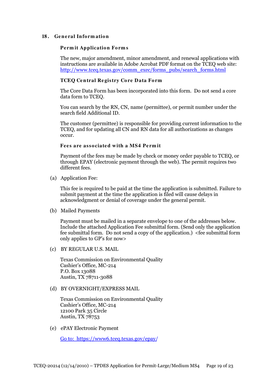 Form 20214 Application for Permit to Discharge From a Large Municipal Separate Storm Sewer System (Ms4) Into Surface Water in the State - Texas, Page 19