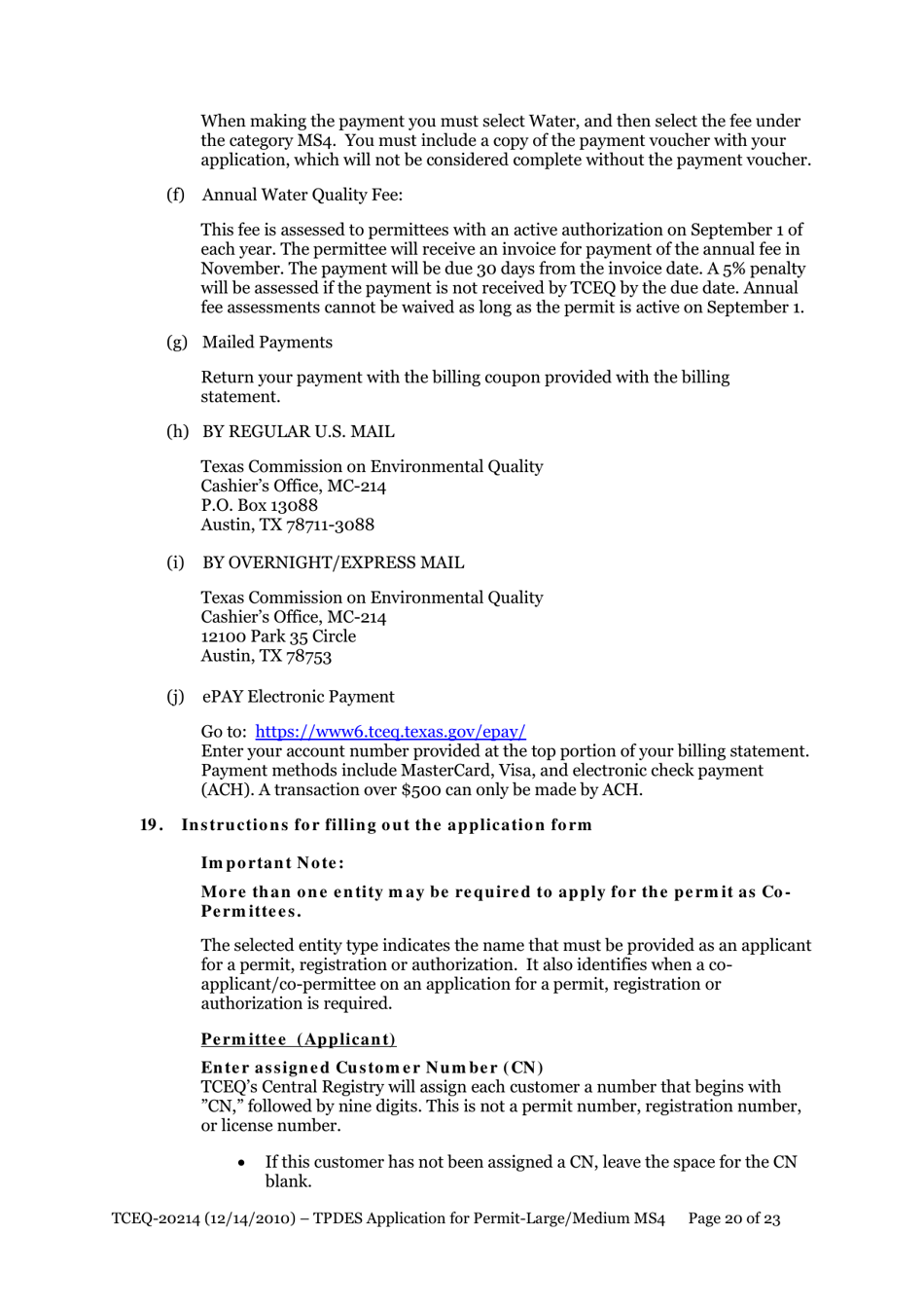 Form 20214 Application for Permit to Discharge From a Large Municipal Separate Storm Sewer System (Ms4) Into Surface Water in the State - Texas, Page 20