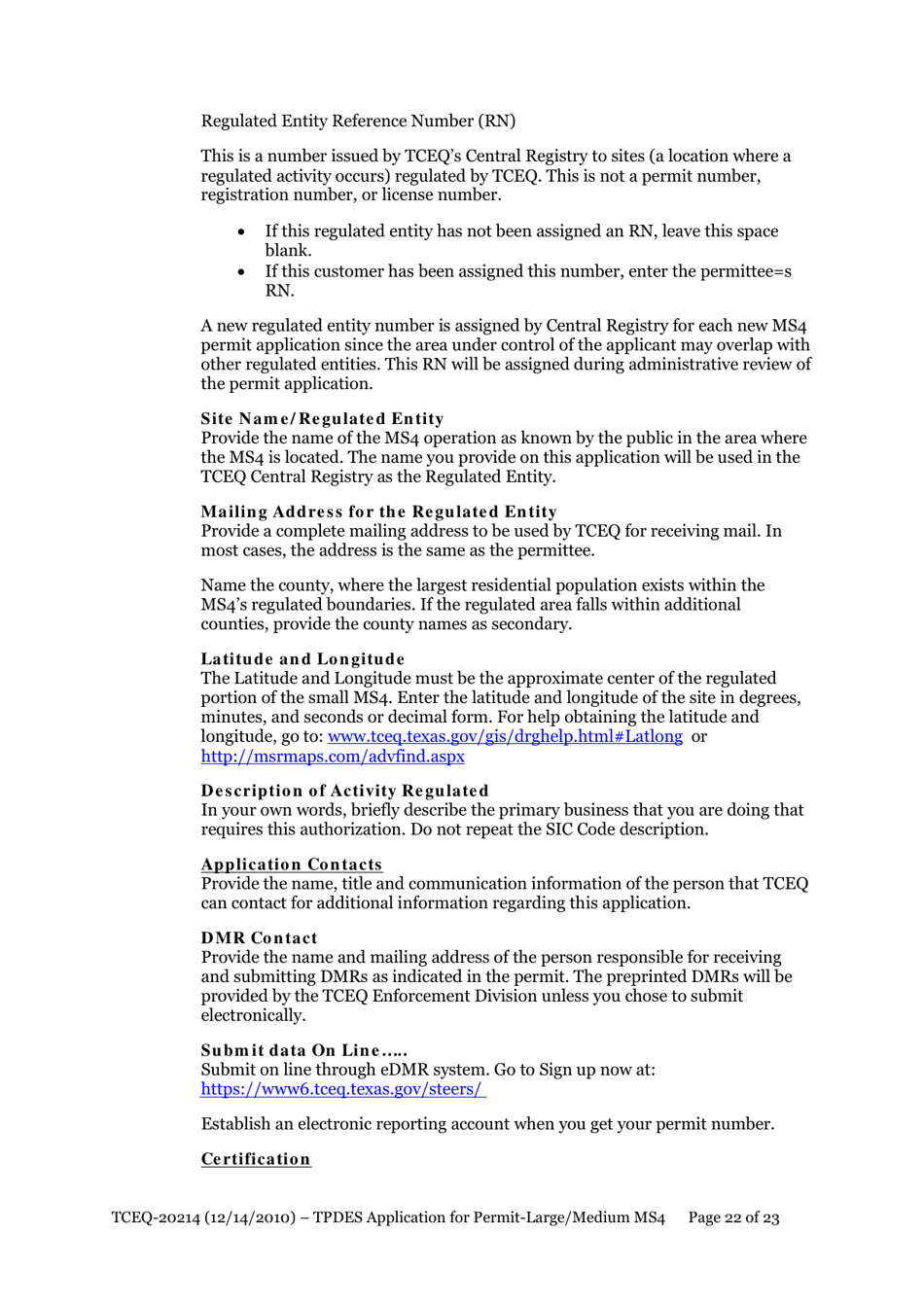 Form 20214 Application for Permit to Discharge From a Large Municipal Separate Storm Sewer System (Ms4) Into Surface Water in the State - Texas, Page 22