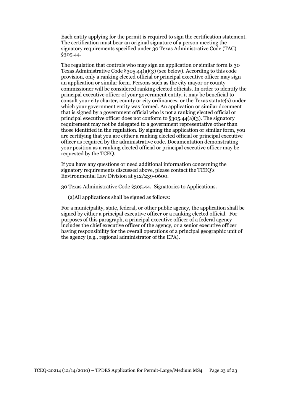 Form 20214 Application for Permit to Discharge From a Large Municipal Separate Storm Sewer System (Ms4) Into Surface Water in the State - Texas, Page 23