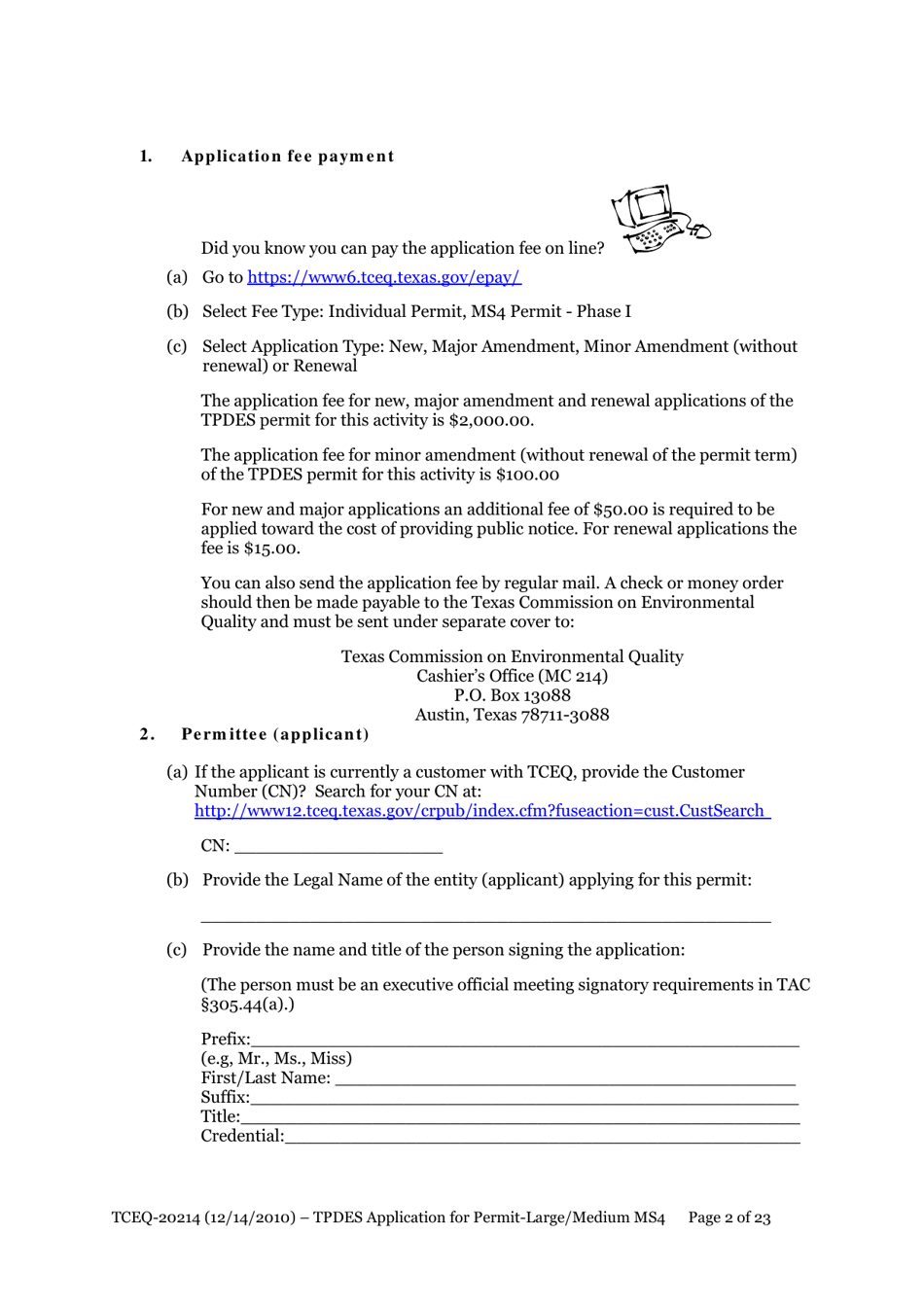 Form 20214 Application for Permit to Discharge From a Large Municipal Separate Storm Sewer System (Ms4) Into Surface Water in the State - Texas, Page 2