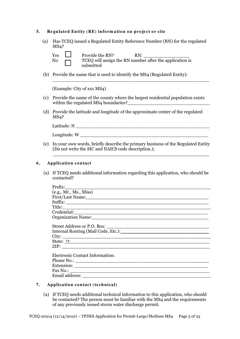 Form 20214 Application for Permit to Discharge From a Large Municipal Separate Storm Sewer System (Ms4) Into Surface Water in the State - Texas, Page 5