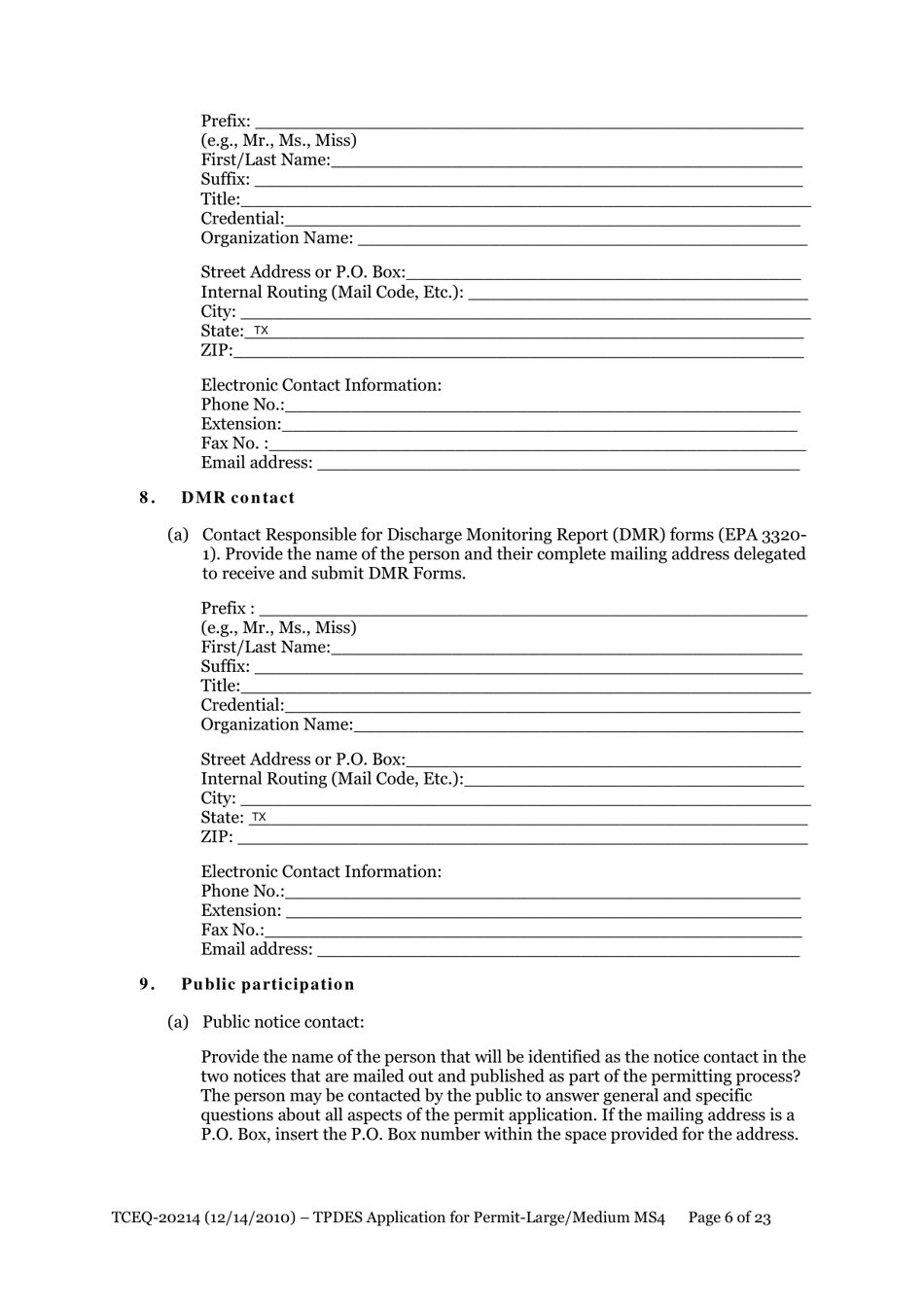 Form 20214 Application for Permit to Discharge From a Large Municipal Separate Storm Sewer System (Ms4) Into Surface Water in the State - Texas, Page 6