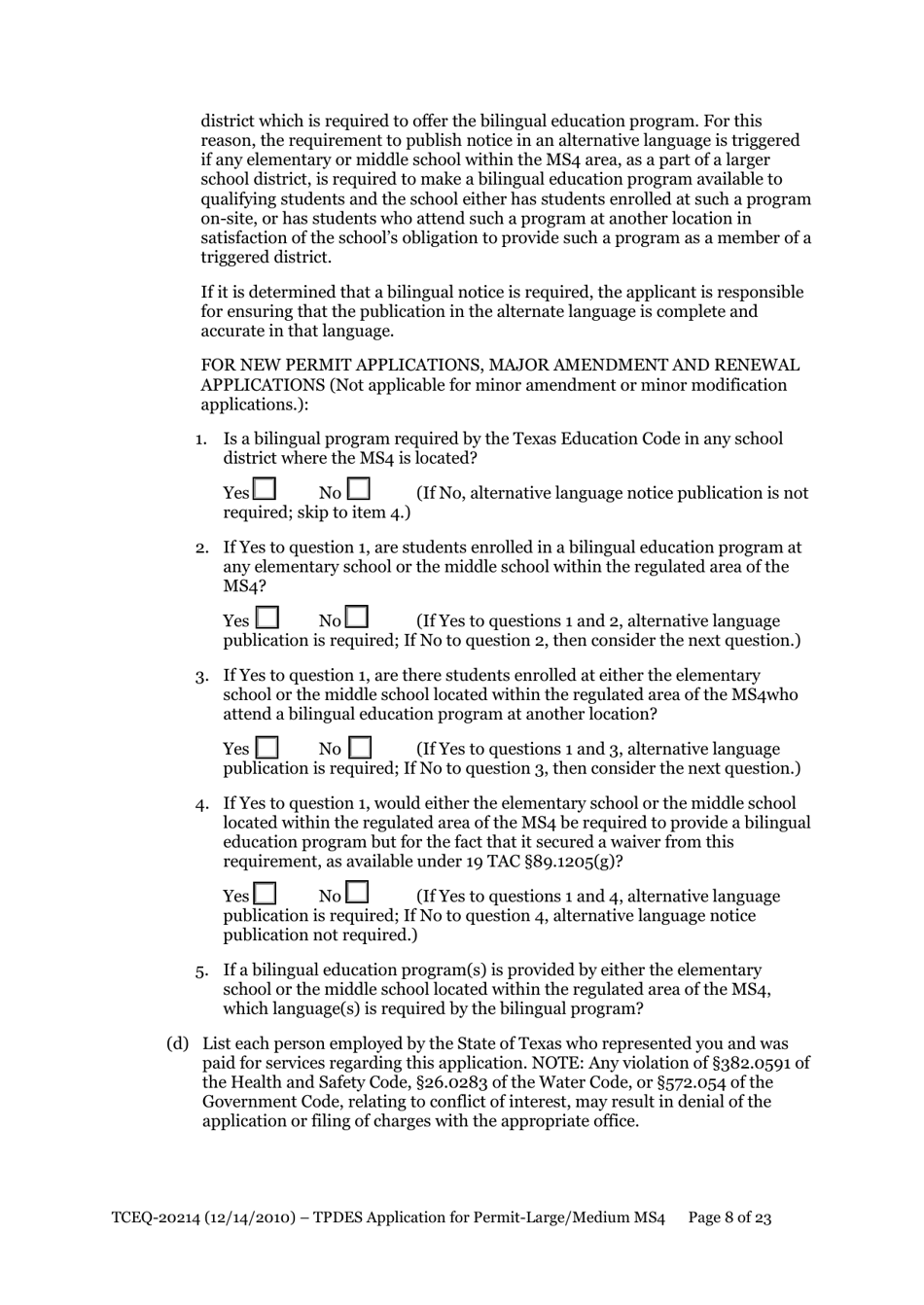 Form 20214 Application for Permit to Discharge From a Large Municipal Separate Storm Sewer System (Ms4) Into Surface Water in the State - Texas, Page 8