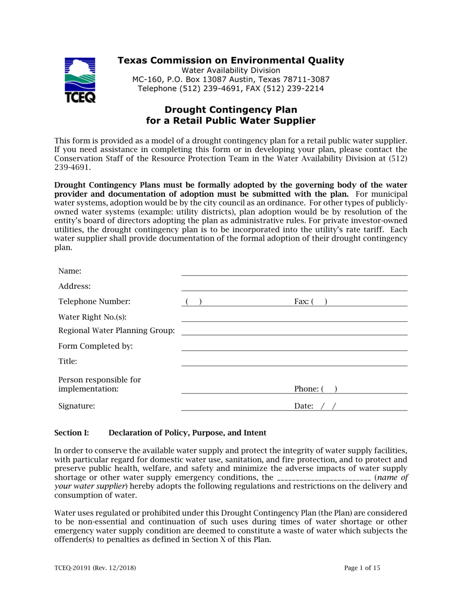 Form 20191 Drought Contingency Plan for a Retail Public Water Supplier - Texas, Page 1