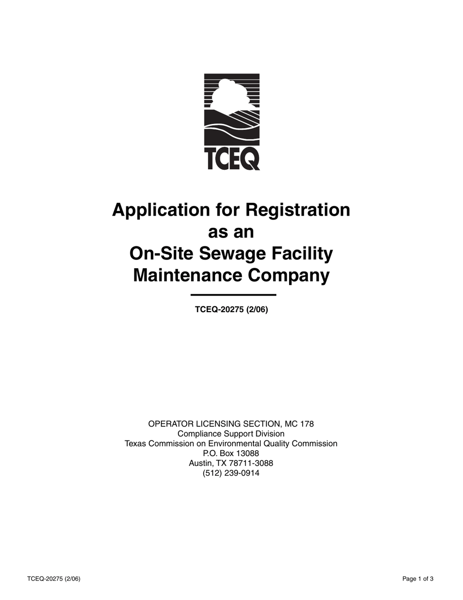 Form 20275 Application for Certificate of Registration as an on-Site Sewage Facility Maintenance Company - Texas, Page 1