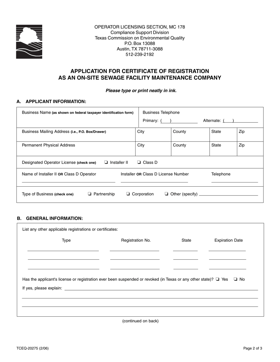 Form 20275 Application for Certificate of Registration as an on-Site Sewage Facility Maintenance Company - Texas, Page 3