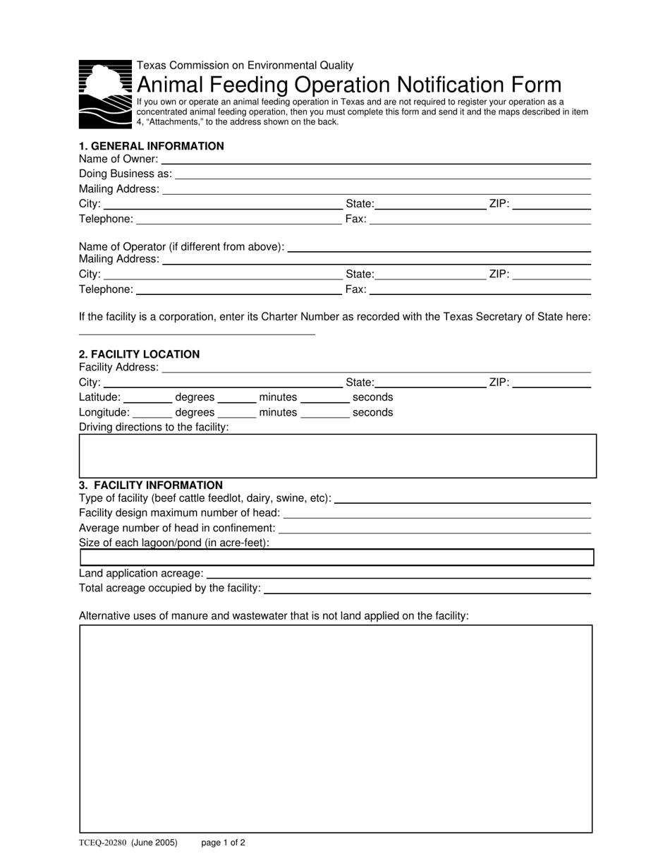 Form 20280 Animal Feeding Operation Notification Form - Texas, Page 1