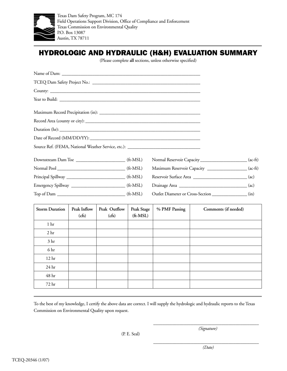 Form 20346 Hydrologic and Hydraulic (Hh) Evaluation Summary - Texas, Page 1