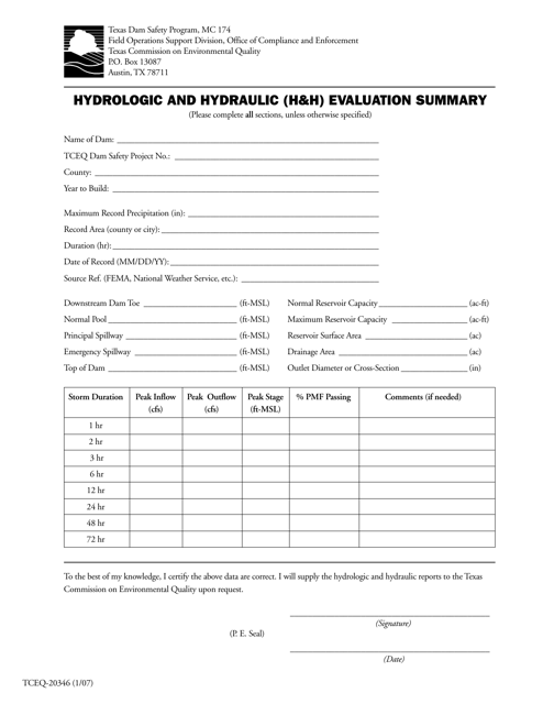 Form 20346 Hydrologic and Hydraulic (H&h) Evaluation Summary - Texas