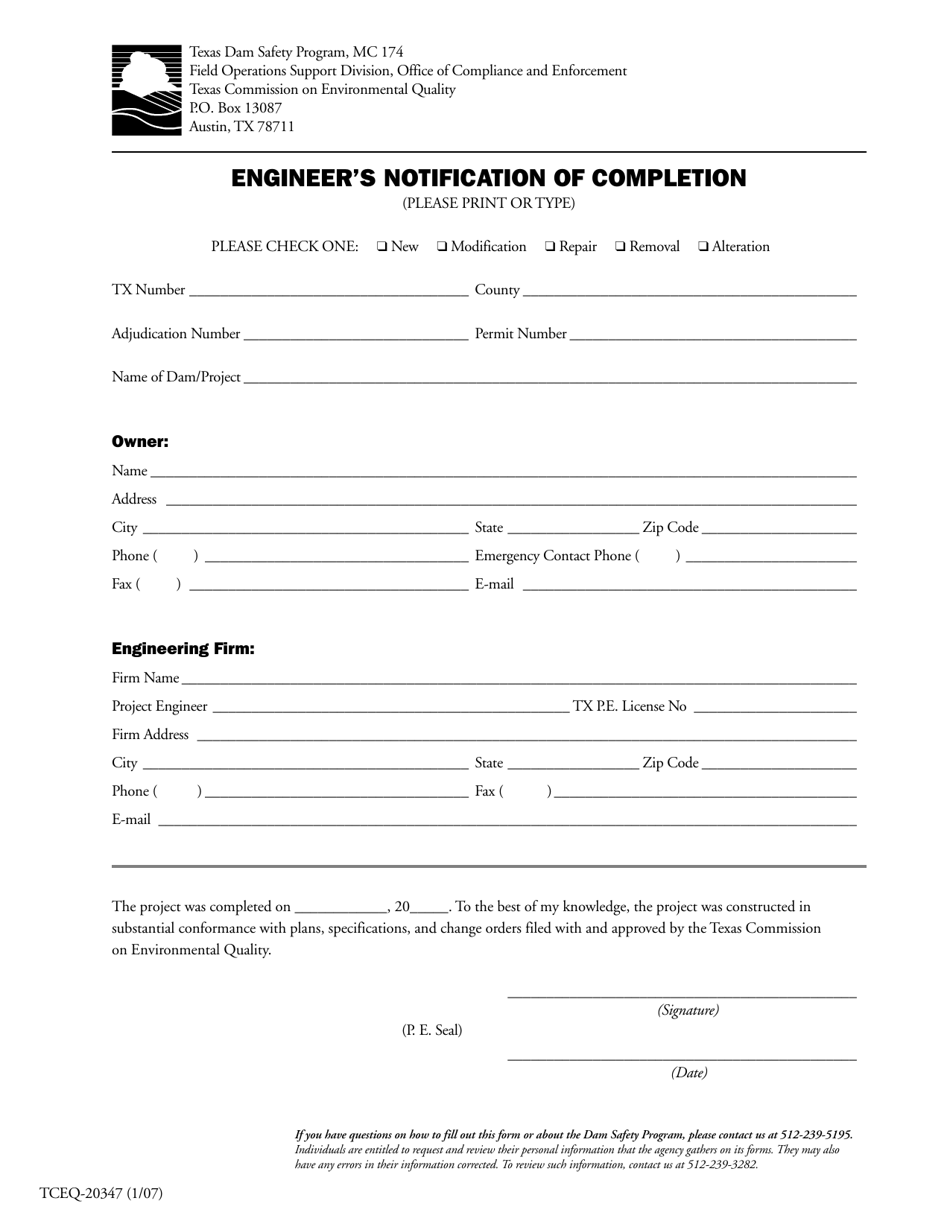 Form 20347 Engineers Notification of Completion - Texas, Page 1